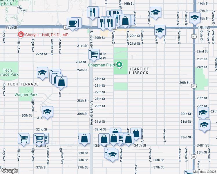 map of restaurants, bars, coffee shops, grocery stores, and more near 2410 27th Street in Lubbock