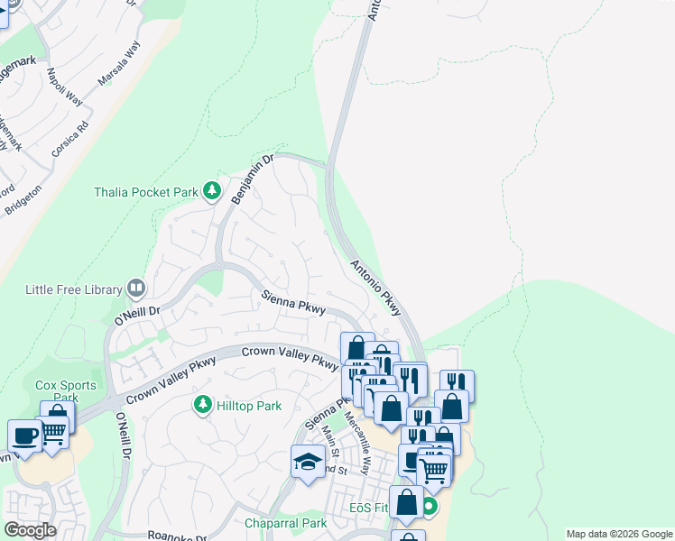 map of restaurants, bars, coffee shops, grocery stores, and more near 31 Blakemore Drive in Ladera Ranch