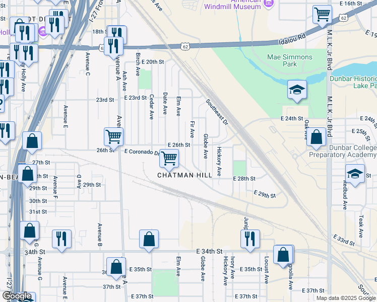 map of restaurants, bars, coffee shops, grocery stores, and more near 2614 Fir Avenue in Lubbock
