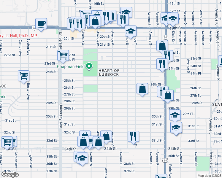 map of restaurants, bars, coffee shops, grocery stores, and more near 2203 27th Street in Lubbock