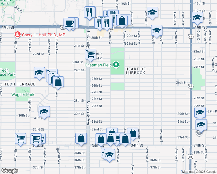 map of restaurants, bars, coffee shops, grocery stores, and more near 2410 27th Street in Lubbock