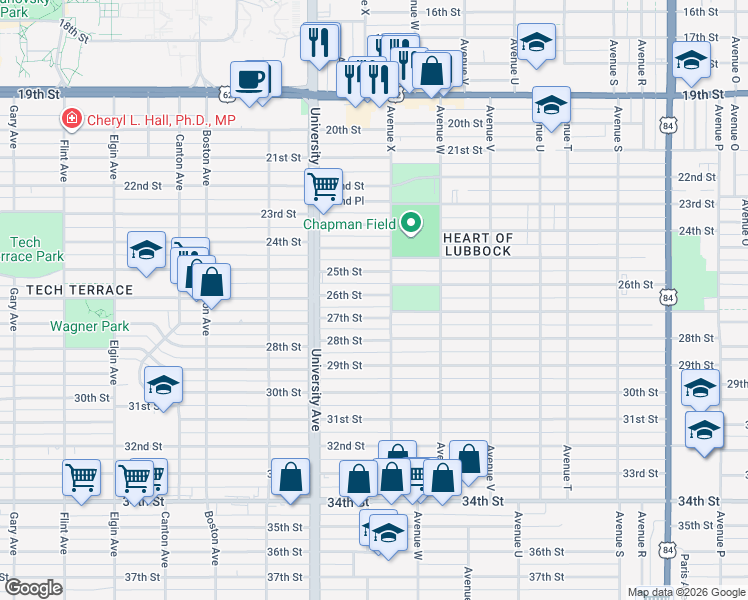 map of restaurants, bars, coffee shops, grocery stores, and more near 2410 27th Street in Lubbock