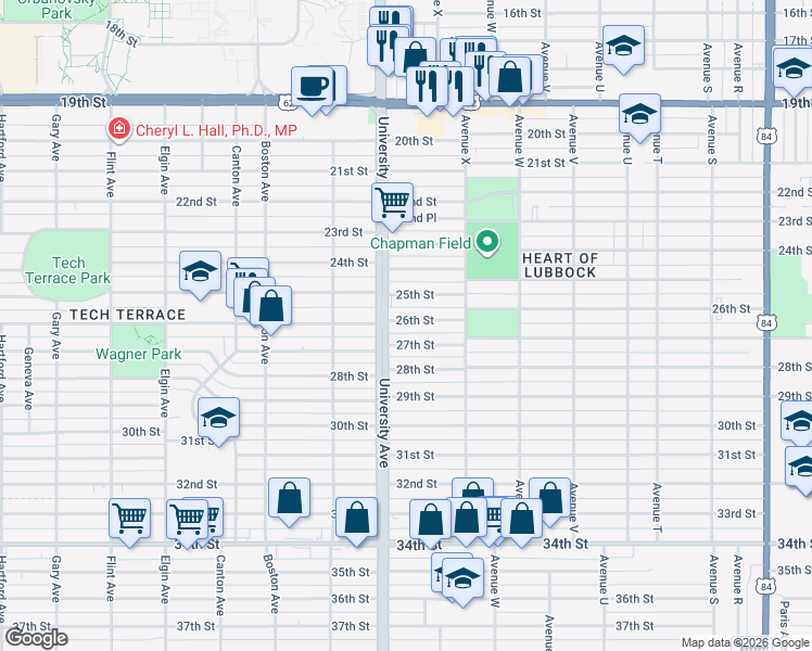 map of restaurants, bars, coffee shops, grocery stores, and more near 2428 27th Street in Lubbock
