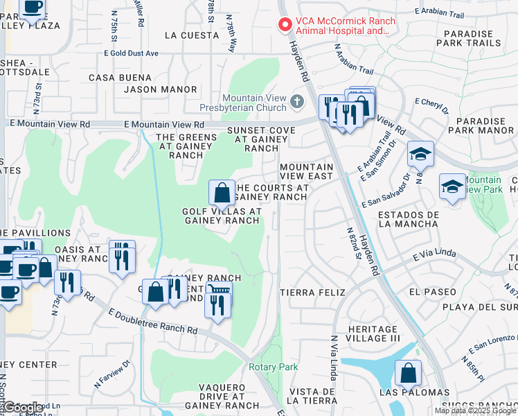 map of restaurants, bars, coffee shops, grocery stores, and more near 7760 East Gainey Ranch Road in Scottsdale