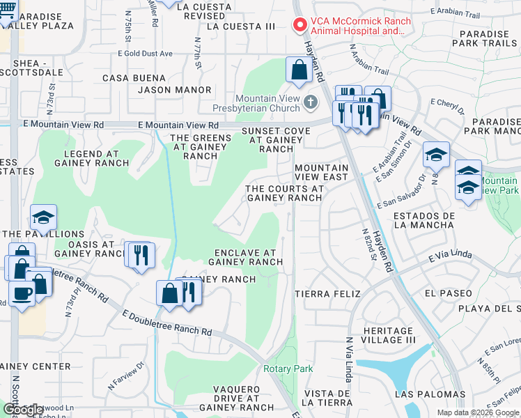 map of restaurants, bars, coffee shops, grocery stores, and more near 7760 East Gainey Ranch Road in Scottsdale