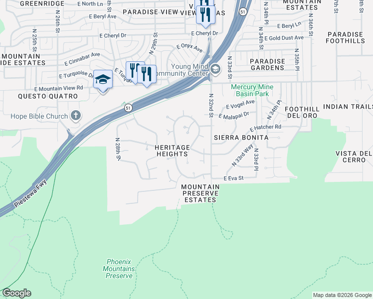 map of restaurants, bars, coffee shops, grocery stores, and more near 9052 North Arroya Vista Drive in Phoenix