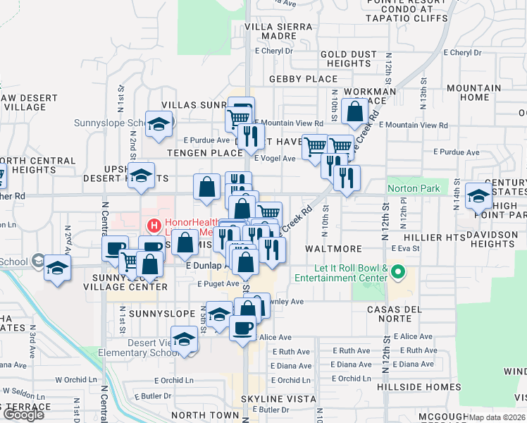 map of restaurants, bars, coffee shops, grocery stores, and more near 739 East Mission Lane in Phoenix
