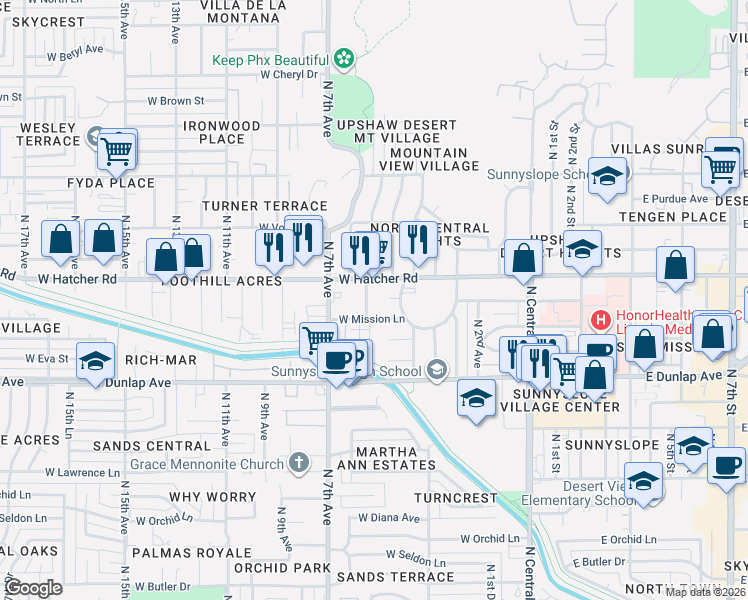 map of restaurants, bars, coffee shops, grocery stores, and more near 412 West Mission Lane in Phoenix