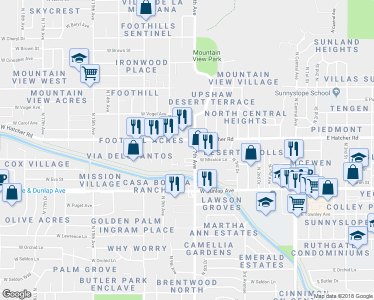 map of restaurants, bars, coffee shops, grocery stores, and more near 826 Mission Lane in Phoenix