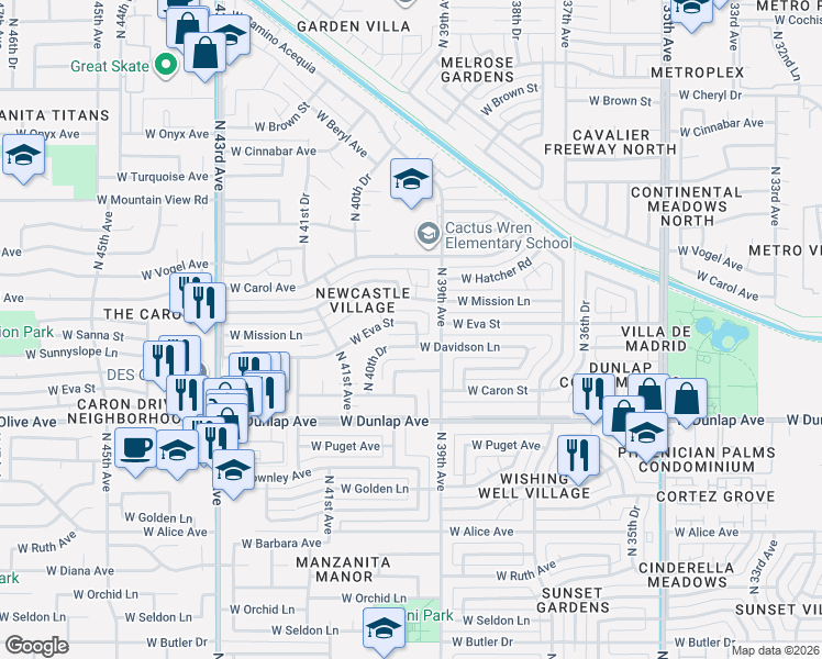 map of restaurants, bars, coffee shops, grocery stores, and more near 3940 West Davidson Lane in Phoenix