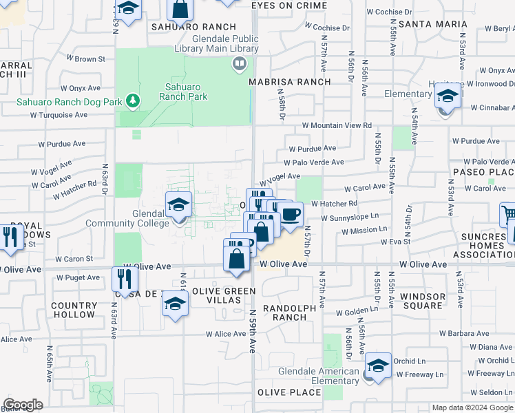 map of restaurants, bars, coffee shops, grocery stores, and more near 9225 North 59th Avenue in Glendale