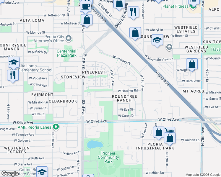 map of restaurants, bars, coffee shops, grocery stores, and more near 8089 West Hatcher Road in Peoria
