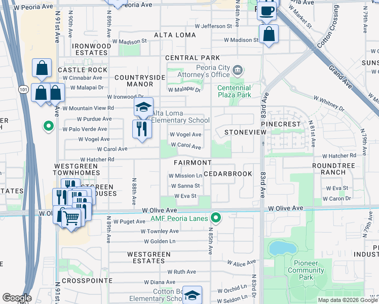 map of restaurants, bars, coffee shops, grocery stores, and more near 9333 North 85th Lane in Peoria