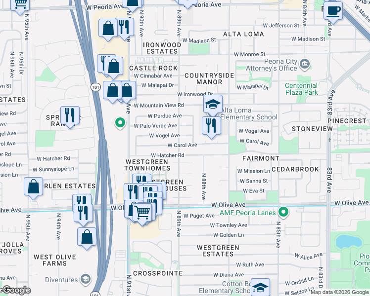 map of restaurants, bars, coffee shops, grocery stores, and more near 8822 West Hatcher Road in Peoria