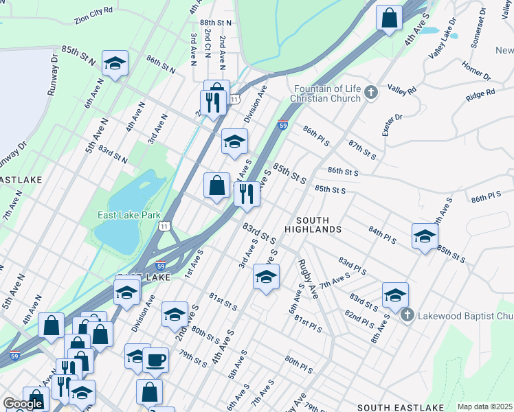 map of restaurants, bars, coffee shops, grocery stores, and more near 8311 2nd Avenue South in Birmingham