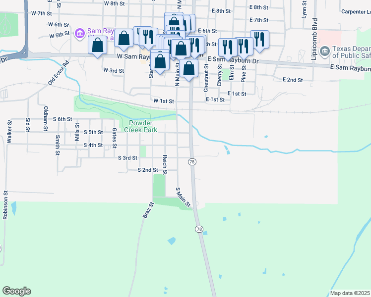 map of restaurants, bars, coffee shops, grocery stores, and more near 301 South Center Street in Bonham