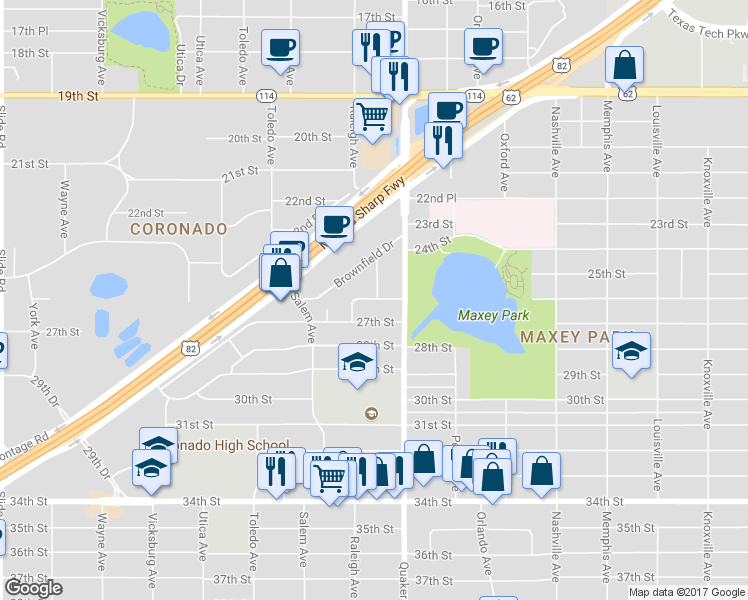 map of restaurants, bars, coffee shops, grocery stores, and more near 4411 Raleigh Avenue in Lubbock