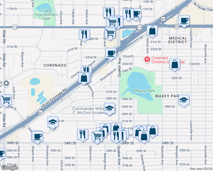 map of restaurants, bars, coffee shops, grocery stores, and more near 4417 Raleigh Avenue in Lubbock