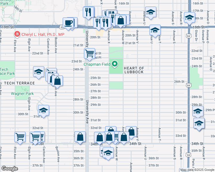 map of restaurants, bars, coffee shops, grocery stores, and more near 2410 27th Street in Lubbock