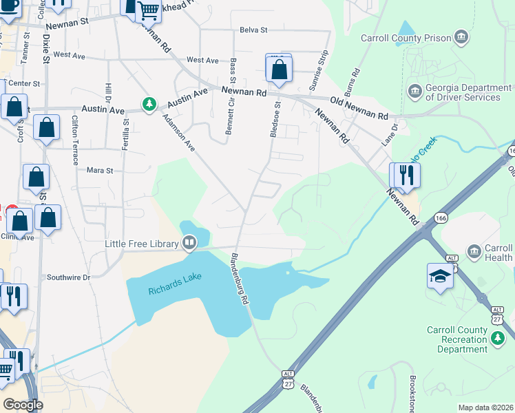 map of restaurants, bars, coffee shops, grocery stores, and more near 210 Bledsoe Street in Carrollton