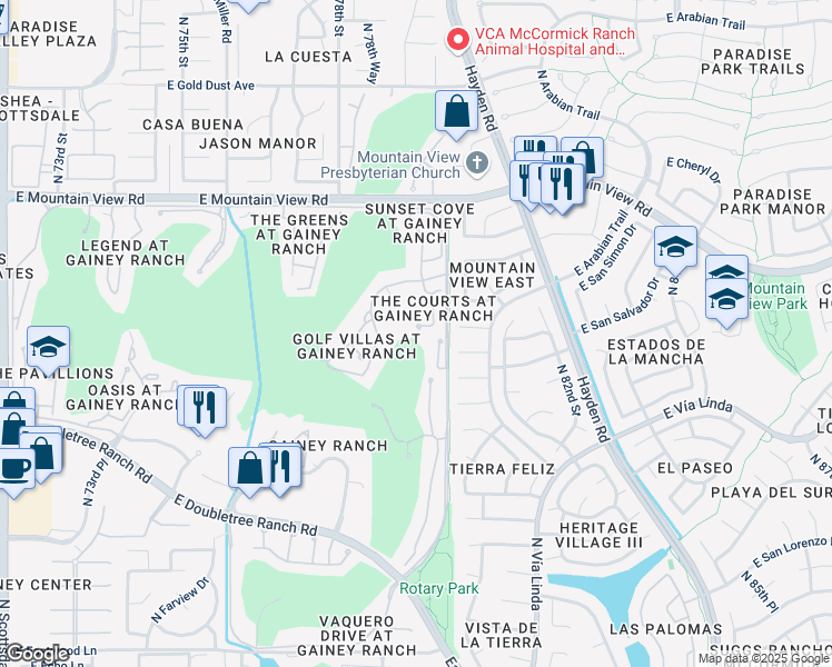 map of restaurants, bars, coffee shops, grocery stores, and more near 7760 East Gainey Ranch Road in Scottsdale