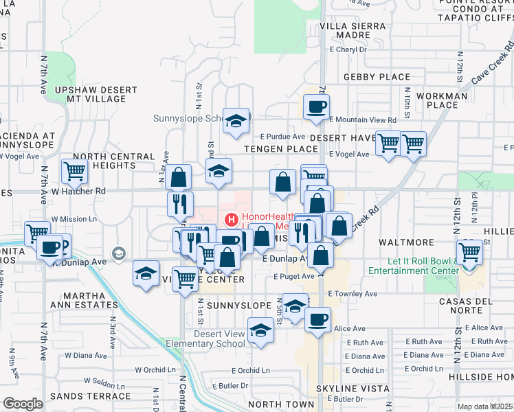 map of restaurants, bars, coffee shops, grocery stores, and more near 9250 North 3rd Street in Phoenix