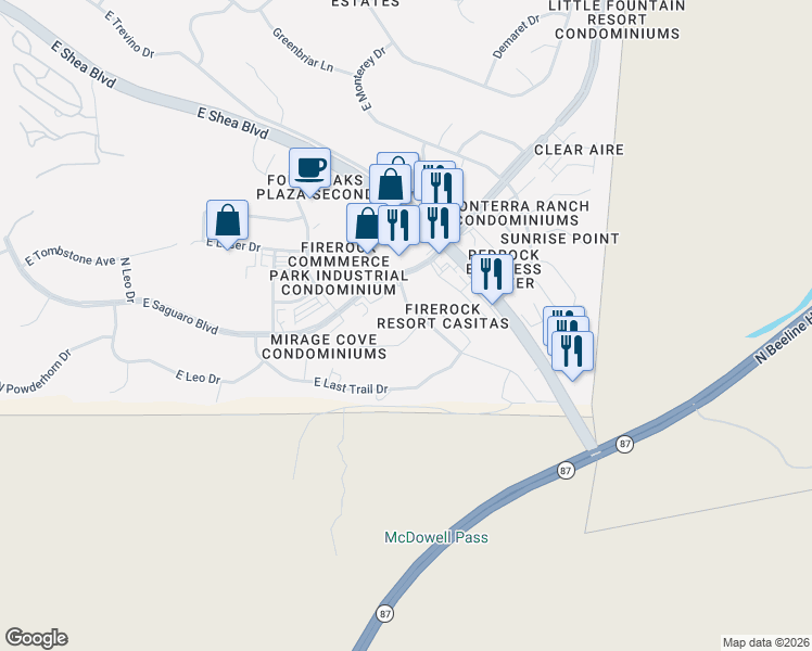 map of restaurants, bars, coffee shops, grocery stores, and more near 9238 North Firebrick Drive in Fountain Hills