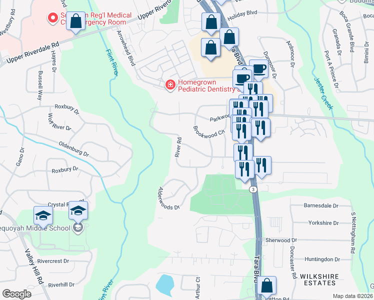 map of restaurants, bars, coffee shops, grocery stores, and more near 384 River Road in Jonesboro