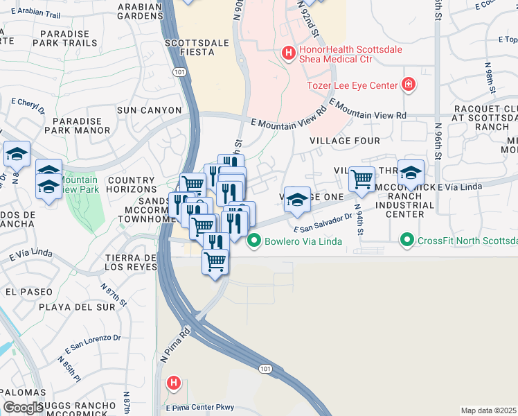 map of restaurants, bars, coffee shops, grocery stores, and more near 9060 East Vía Linda in Scottsdale