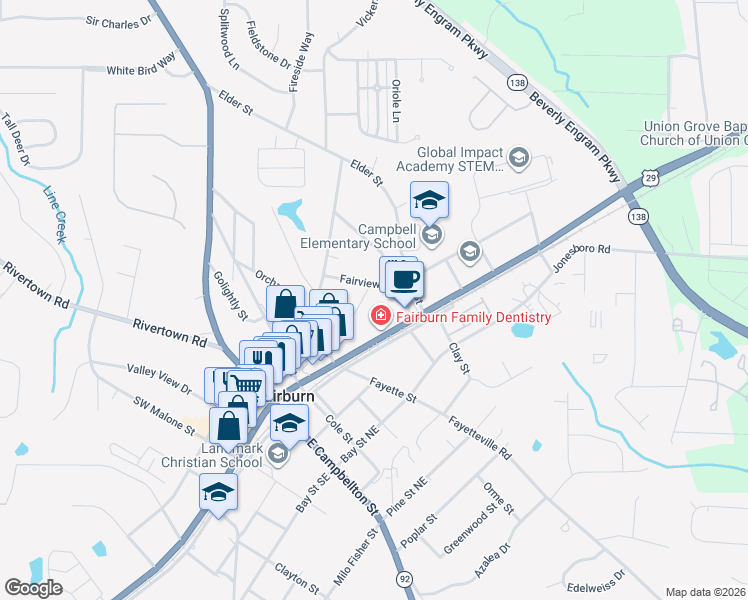 map of restaurants, bars, coffee shops, grocery stores, and more near 161 Jones Avenue in Fairburn
