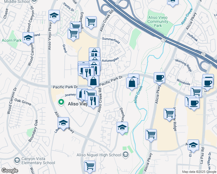 map of restaurants, bars, coffee shops, grocery stores, and more near 23412 Pacific Park Drive in Aliso Viejo