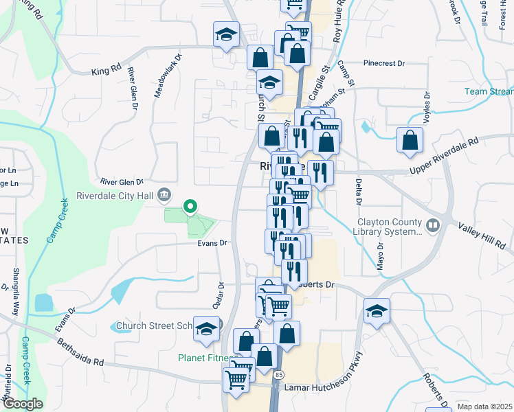 map of restaurants, bars, coffee shops, grocery stores, and more near 781 Mimosa Street in Riverdale