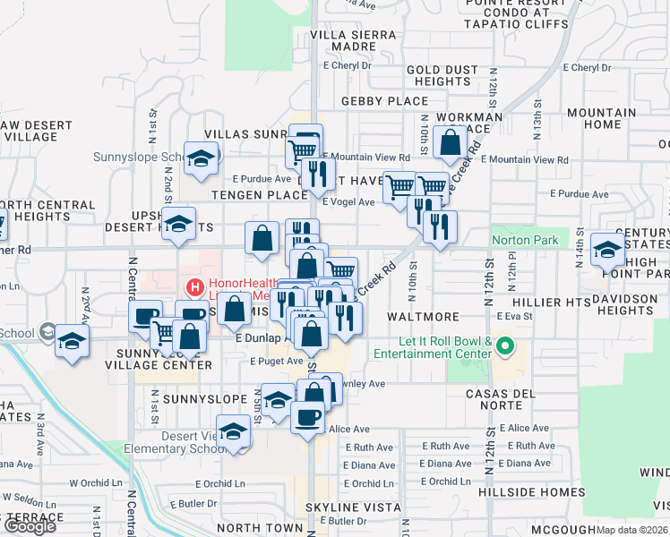 map of restaurants, bars, coffee shops, grocery stores, and more near 739 East Mission Lane in Phoenix