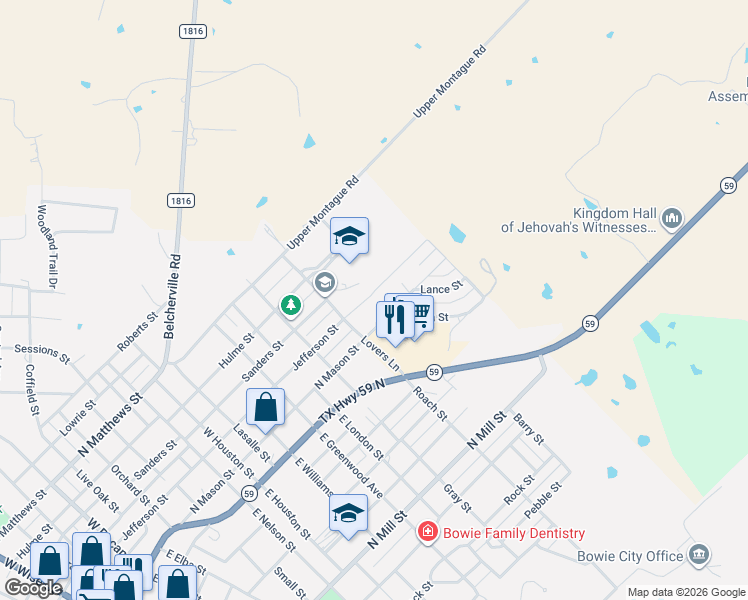 map of restaurants, bars, coffee shops, grocery stores, and more near 1506 North Mason Street in Bowie