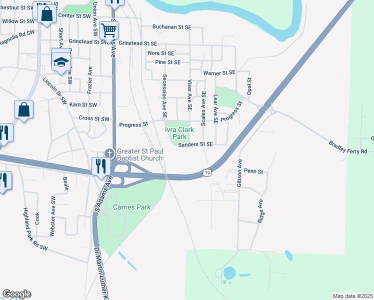 map of restaurants, bars, coffee shops, grocery stores, and more near 352 Sanders Street Southeast in Camden