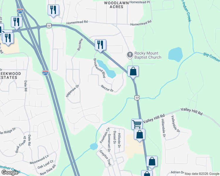 map of restaurants, bars, coffee shops, grocery stores, and more near 3820 Rector Drive in Rex