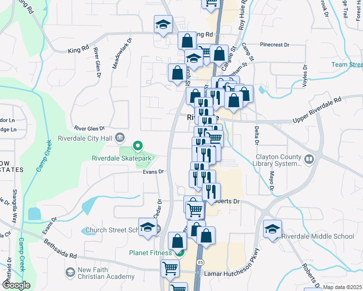 map of restaurants, bars, coffee shops, grocery stores, and more near 765 Mimosa Street in Riverdale