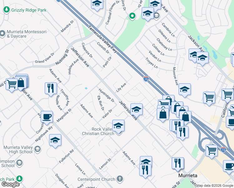 map of restaurants, bars, coffee shops, grocery stores, and more near 41490 Lily Avenue in Murrieta