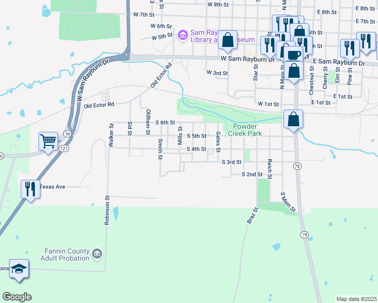 map of restaurants, bars, coffee shops, grocery stores, and more near 801 Earl Turner Street in Bonham