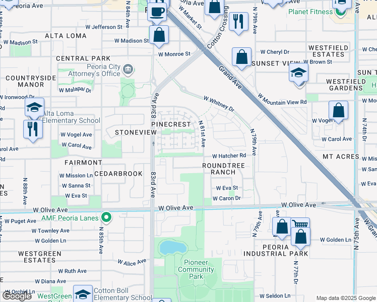 map of restaurants, bars, coffee shops, grocery stores, and more near 8167 West Carol Avenue in Peoria