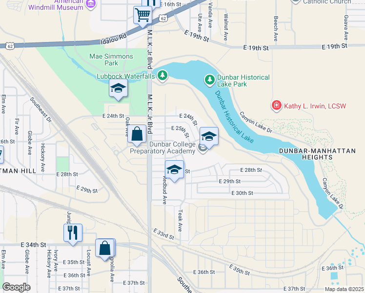 map of restaurants, bars, coffee shops, grocery stores, and more near 2010 East 26th Street in Lubbock