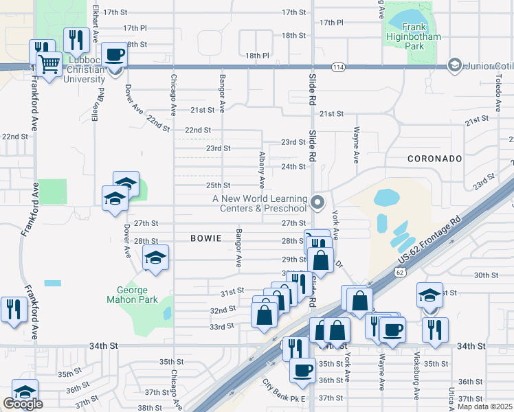 map of restaurants, bars, coffee shops, grocery stores, and more near 26th Street in Lubbock