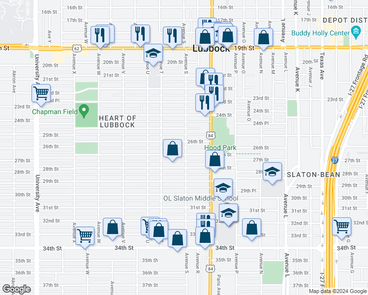 map of restaurants, bars, coffee shops, grocery stores, and more near 1901 27th Street in Lubbock