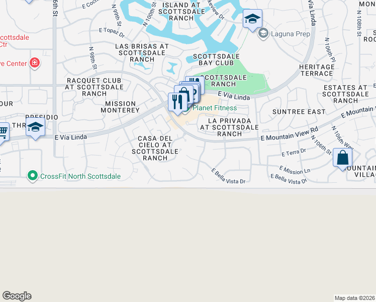 map of restaurants, bars, coffee shops, grocery stores, and more near 10125 East Bella Vista Drive in Scottsdale