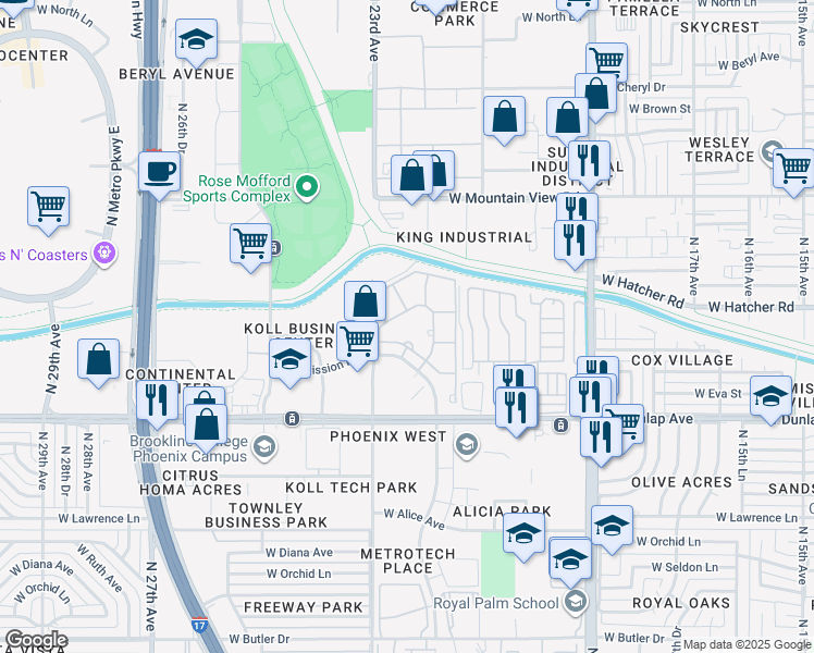 map of restaurants, bars, coffee shops, grocery stores, and more near West Mission Lane in Phoenix