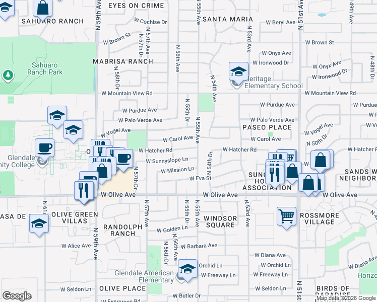 map of restaurants, bars, coffee shops, grocery stores, and more near 5533 West Sunnyslope Lane in Glendale