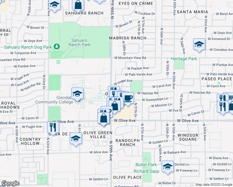 map of restaurants, bars, coffee shops, grocery stores, and more near 9204 North 58th Drive in Glendale