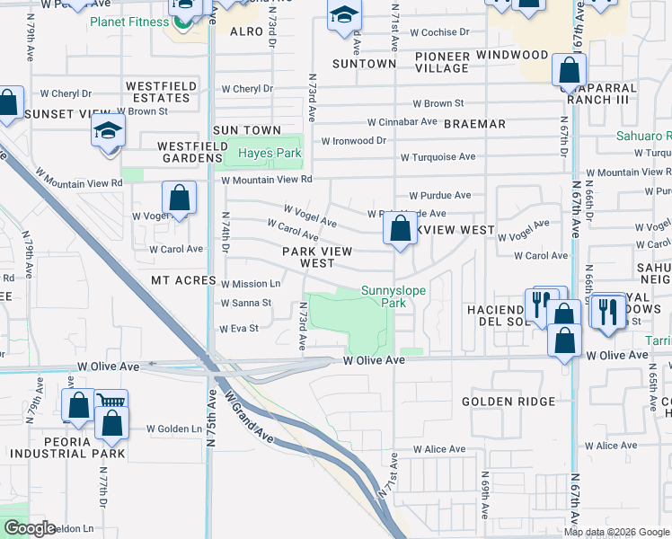 map of restaurants, bars, coffee shops, grocery stores, and more near 7227 West Sunnyslope Lane in Peoria