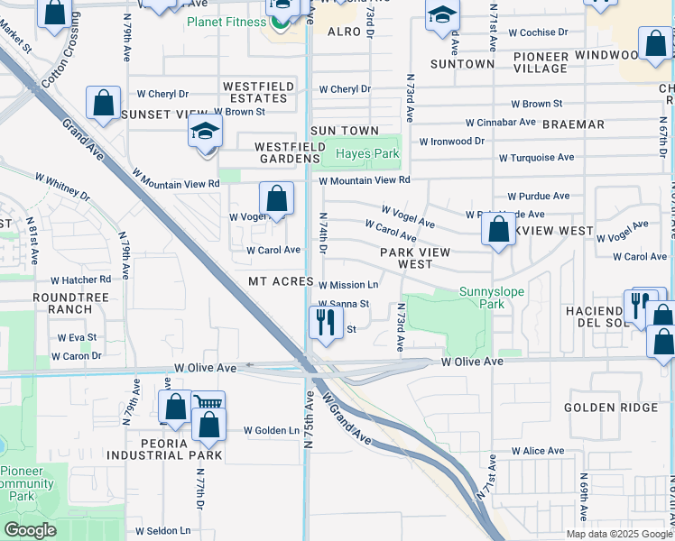 map of restaurants, bars, coffee shops, grocery stores, and more near 7439 West Mission Lane in Peoria
