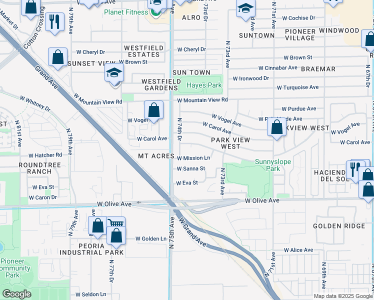map of restaurants, bars, coffee shops, grocery stores, and more near 7439 West Mission Lane in Peoria